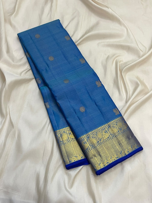Ramar Blue Pure Silk Kanchipuram Vairaoosi Saree with Silver Zari Pettu