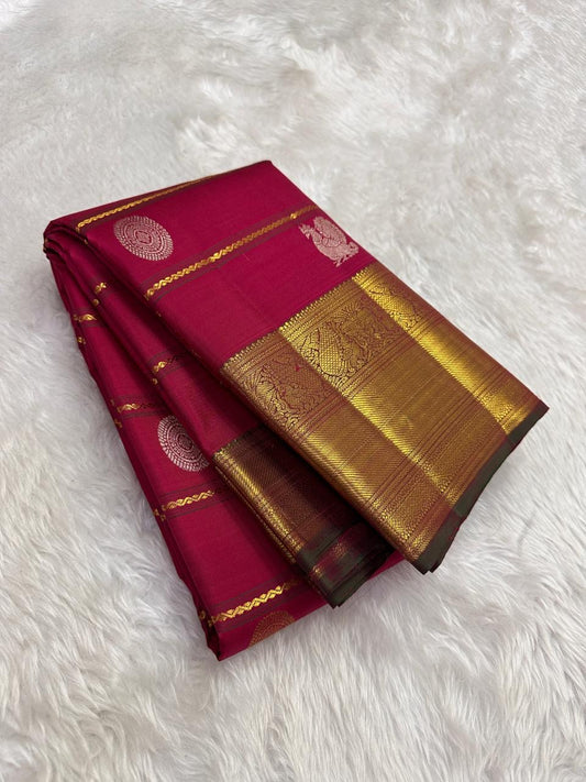 Rani pink Kancheepuram saree with antique gold Veldhari Korvai border — Idam Living