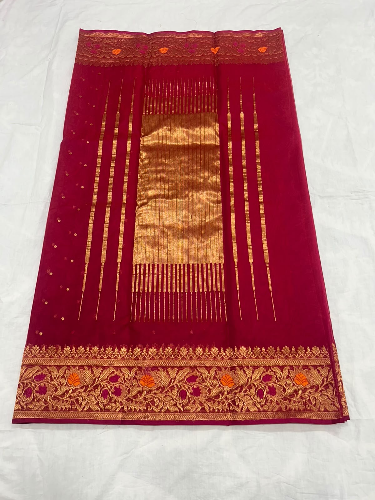 Rani Pink Pure Silk Chanderi saree with metallic buttas