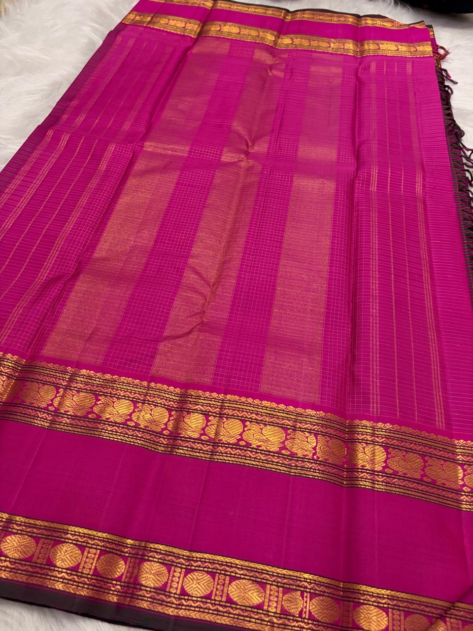 Rani Pink Handwoven Pure Silk Kanchipuram Saree with Deep Plum Zari Kattam Rettapet Border
