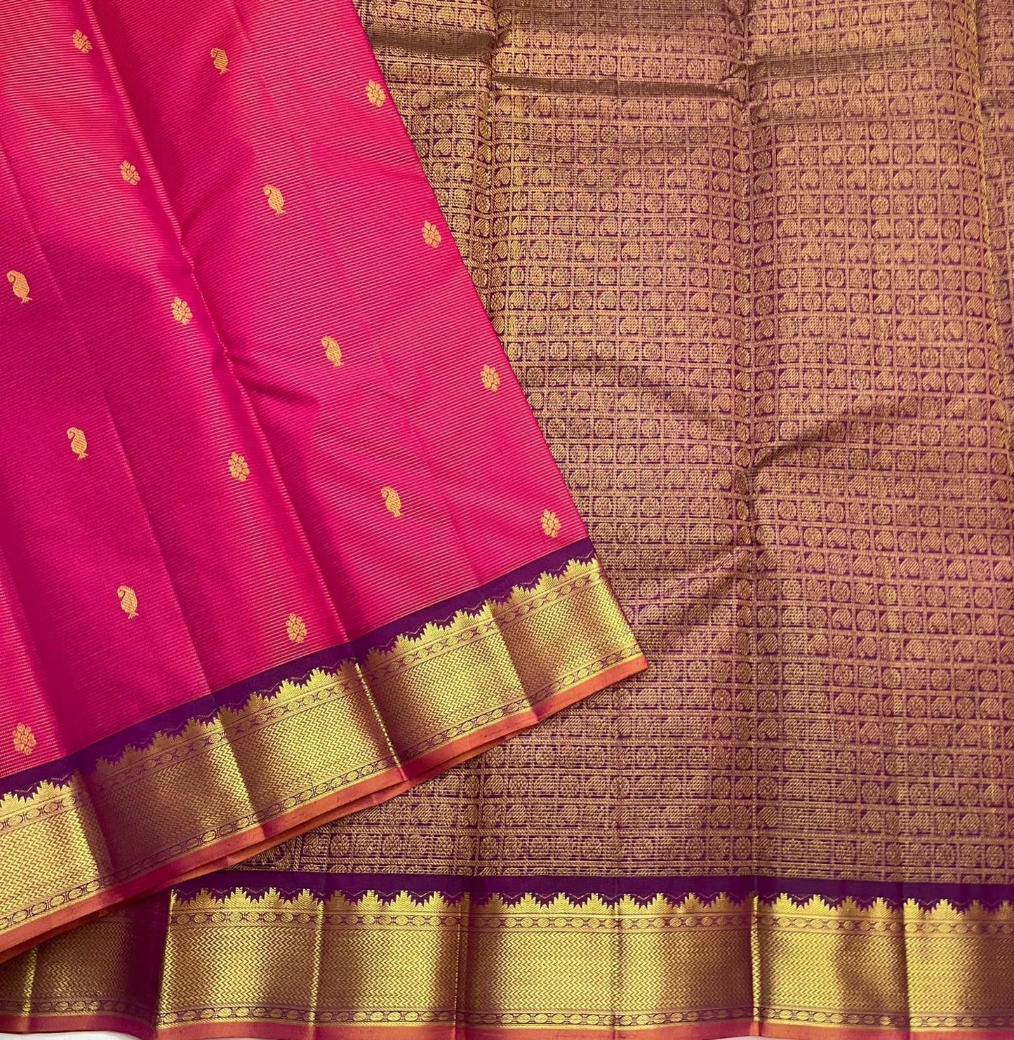 Raspberry Pink Handwoven Pure Silk Kancheepuram Vairaoosi Saree with Gold Zari Buttas and Aubergine Border