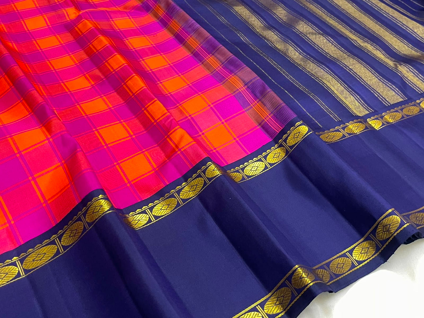 Raspberry Pink and Orange Handwoven Pure Silk Kanjeevaram Saree with Kanchi Kattam and Navy Rettapet Border