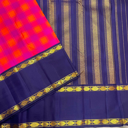 Raspberry Pink and Orange Handwoven Pure Silk Kanjeevaram Saree with Kanchi Kattam and Navy Rettapet Border