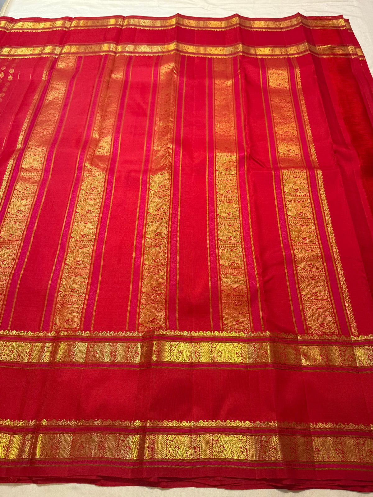 Classic Red Handwoven Pure Silk KanchiPattu Rettapet Saree with Surya Kamalam and Yaanai Gold Zari