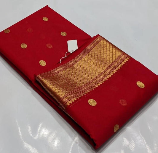 folded red chanderi saree with fine gold-toned border