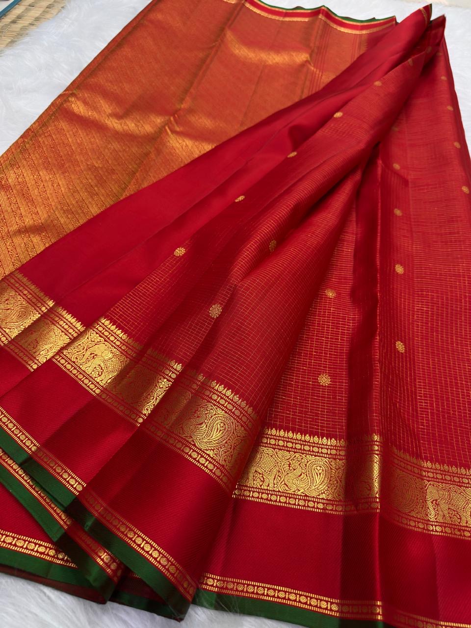 Red and Green Handwoven Pure Silk Kancheepuram Saree with Zari Kattam Grid and Kamalam Butta