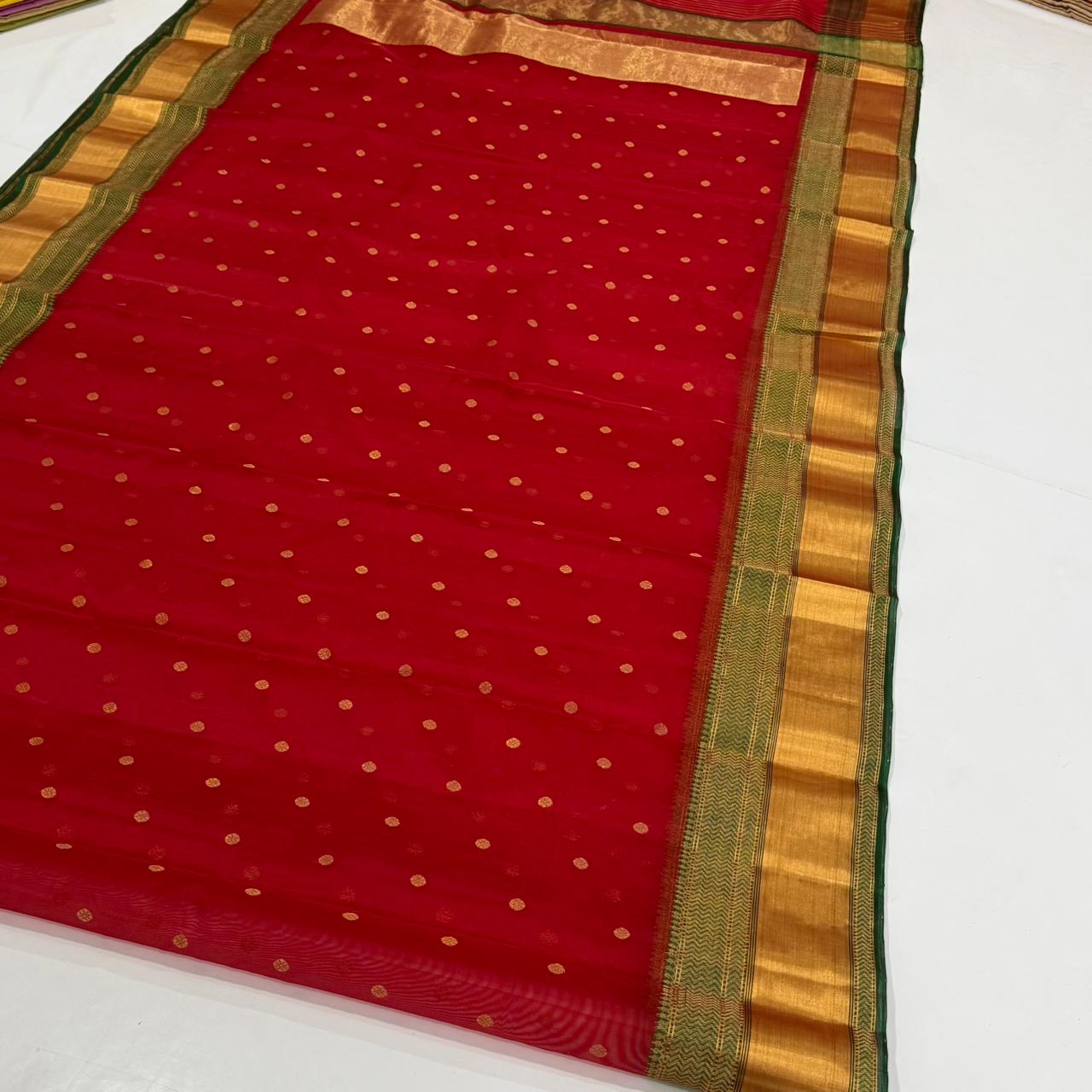 Red Handwoven Katan Silk Chanderi Saree with Gold Butti and Green Chevron Border