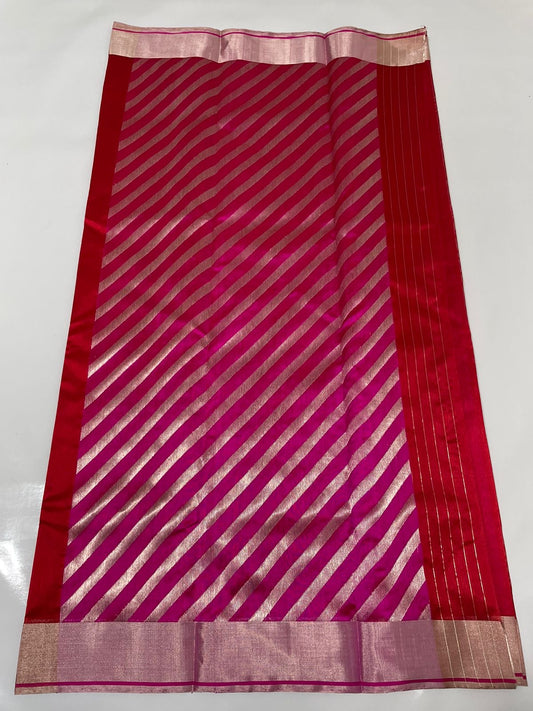 Red Handwoven Pattu Silk Chanderi Saree with Magenta Gold-Striped Pallu