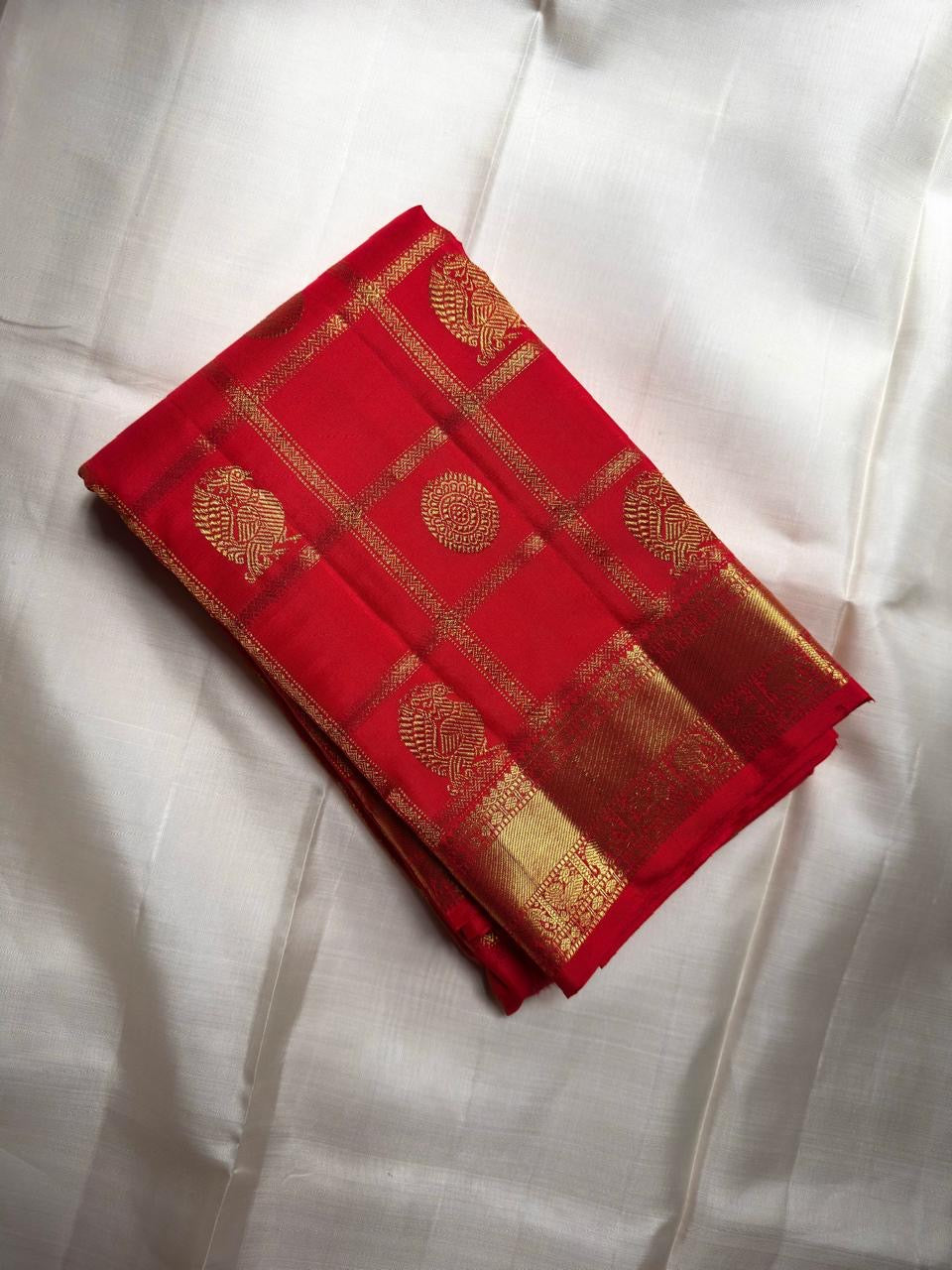 Vermilion Red Handwoven Pure Silk Kanchipuram Saree with Zari Kattam Border