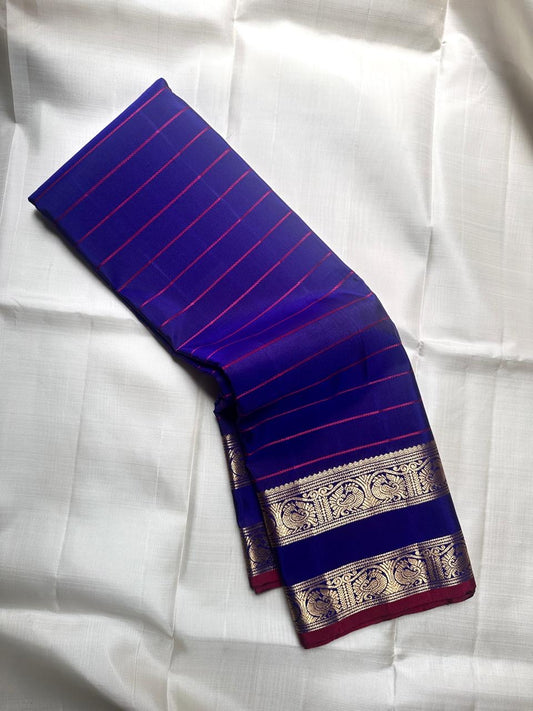 Kanchipattu silk saree in royal blue with reddish pink border Veldhari Rettapet weave traditional zari detail