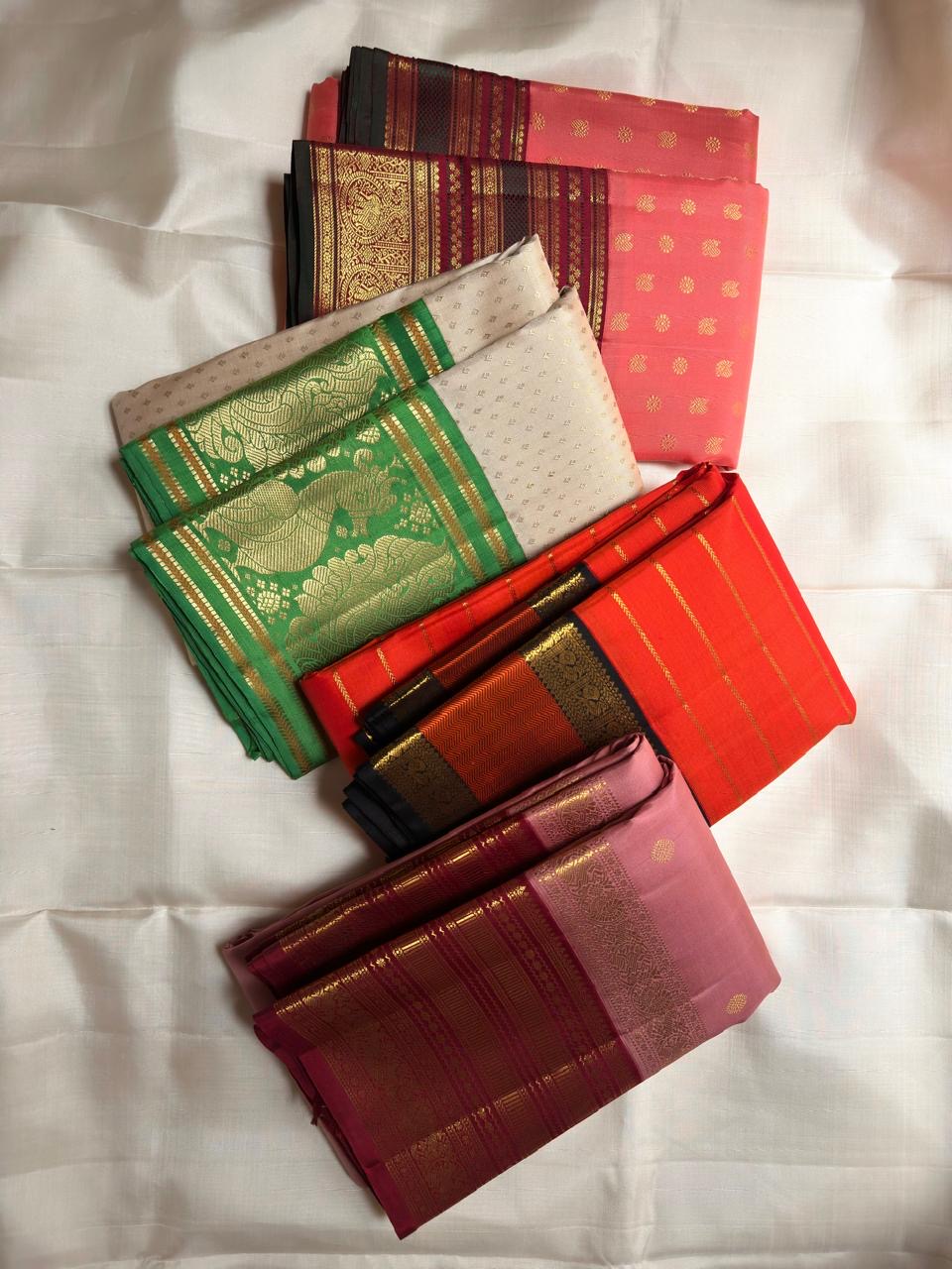Vermilion Orange Handwoven Pure Silk KanchiPattu Saree with Rettapet Lines and Rust Manthulir Border
