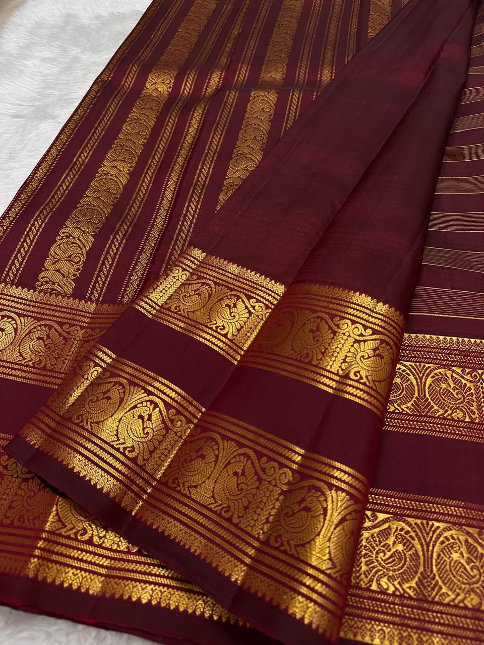 Rich Magenta Handwoven Pure Silk Kancheepuram Saree with Rettapet and Peacock Border