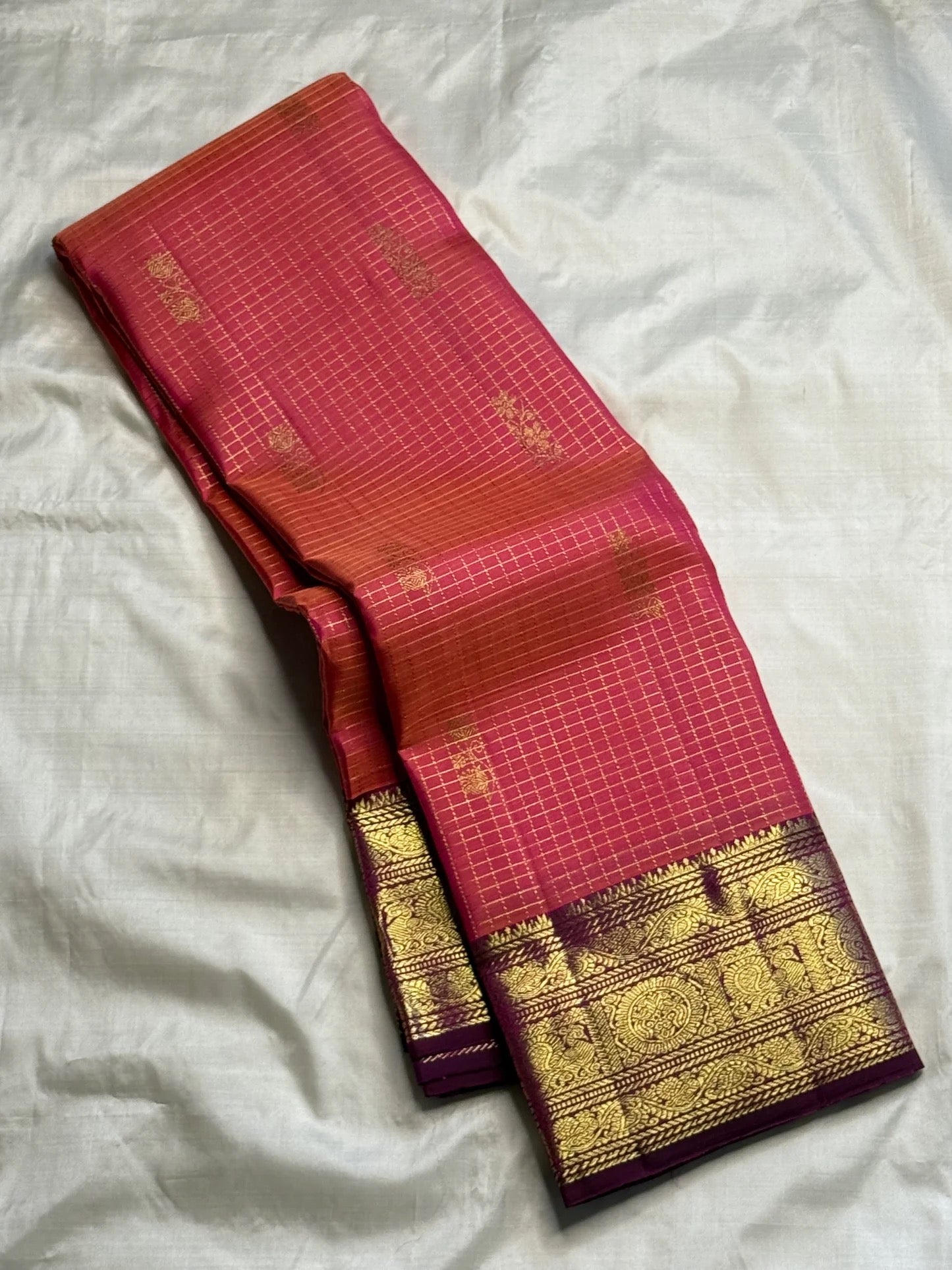 Rose orange double shade handwoven Kanchipuram pure silk saree with zari kattam and chedi butta — Idam Living