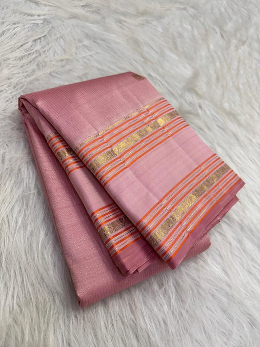 Rose Petal Pink Kanjeevaram silk saree, Oosivaanam vertical zari filament detail on pallu