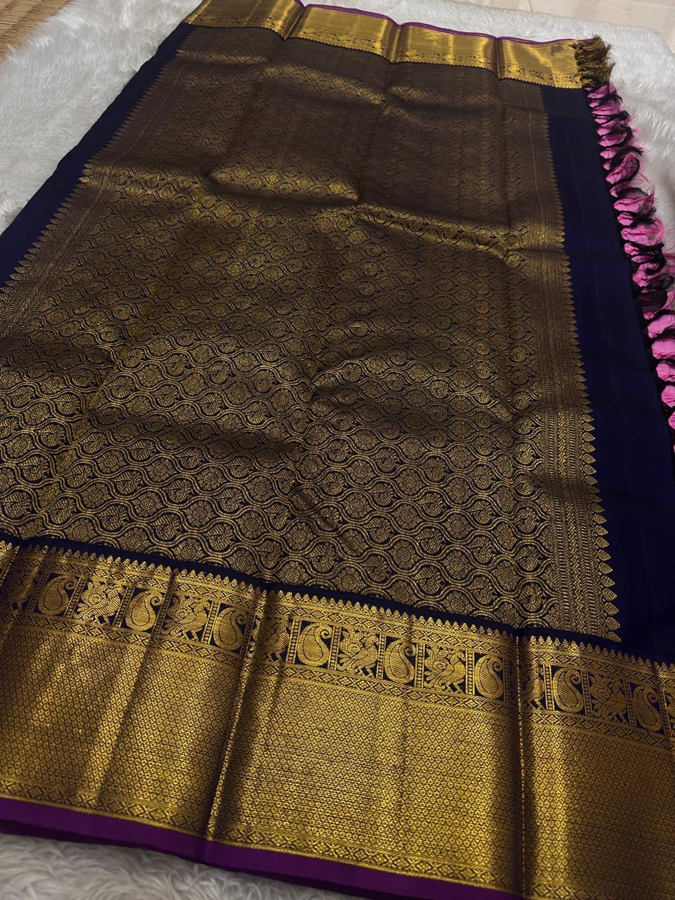 Rose Pink and Navy Blue Handwoven Pure Silk Kancheepuram Saree with Kamalam Butta and Korvai Sorgavaasal Mayil Border