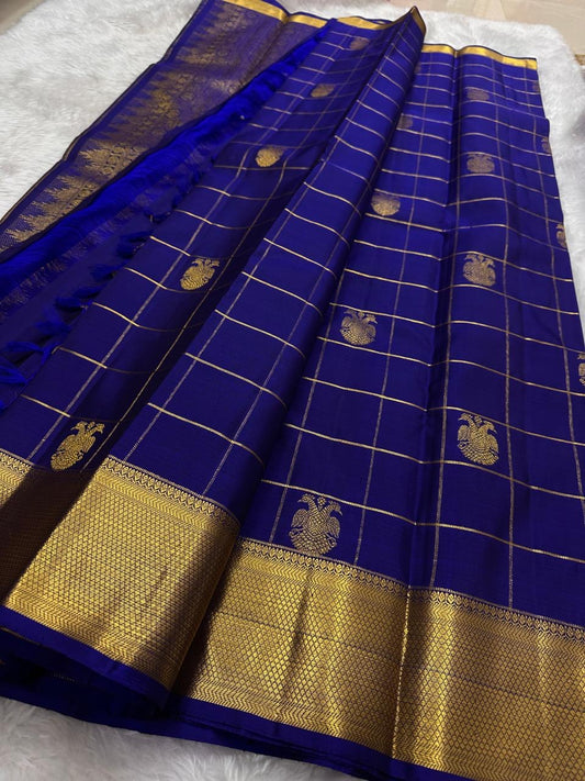 Royal Blue and Gold Handwoven Pure Silk Kanjipuram Saree with Zari Kattam Vairaoosi Body and Self-Colour Border
