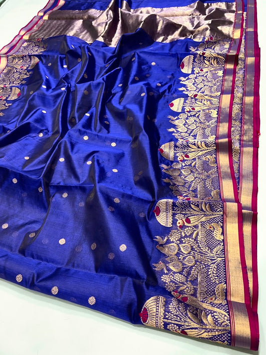 Royal Blue Handwoven Katan Silk Chanderi Saree with Ornate Gold Bird Motif Pallu