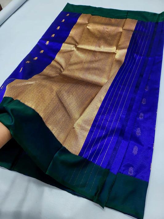Royal blue Pattu Silk Chanderi saree folded, full view