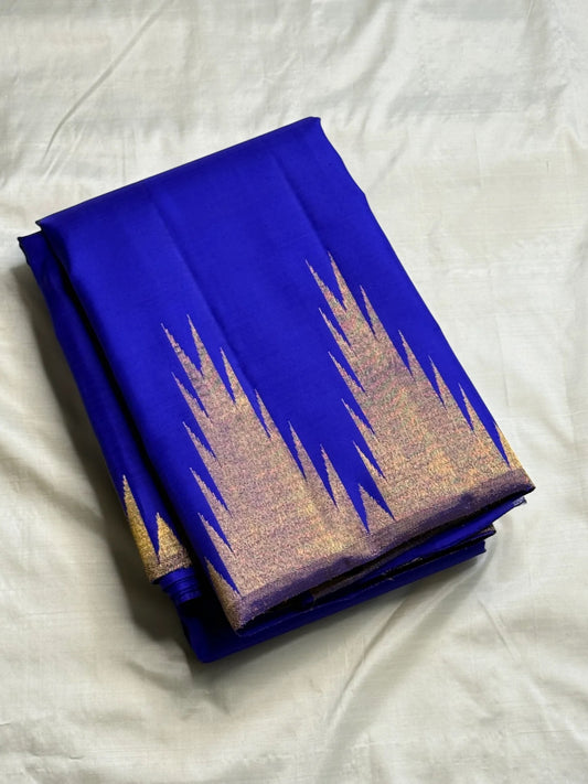 Self royal blue border with ettukol antique copper zari on handwoven Kanchipuram saree — Idam Living