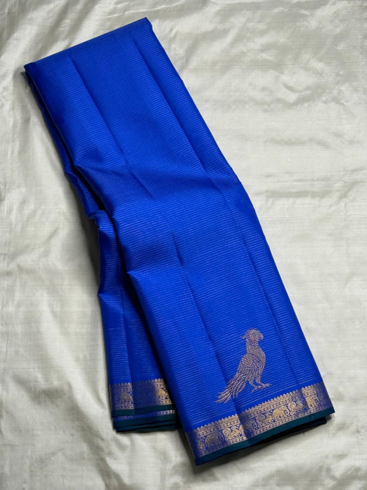 Royal blue pure silk Kanjeevaram Vairaoosi saree, front drape view