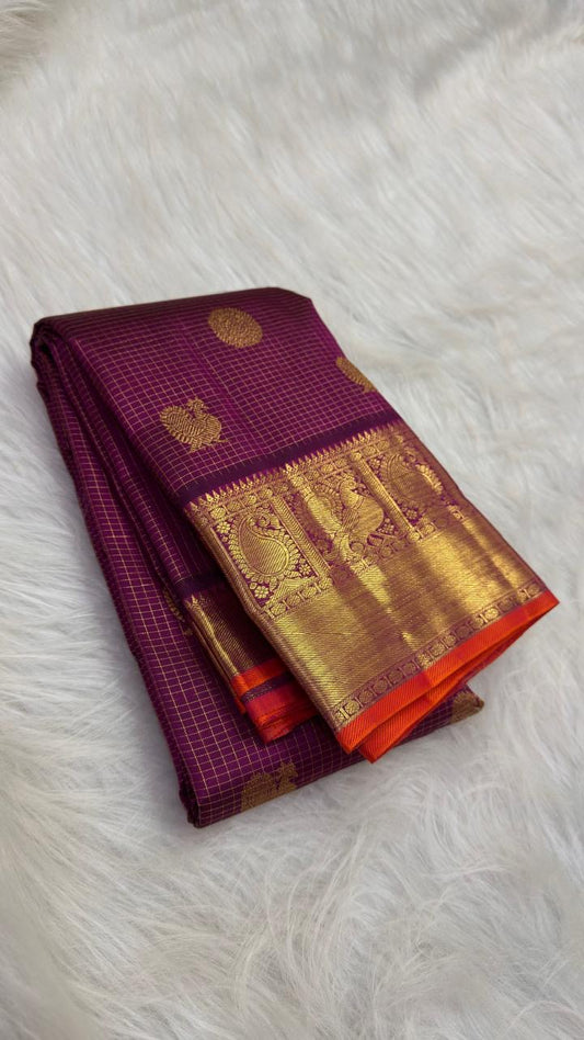 Royal Plum Kanjeevaram silk saree body close-up with Zari Kattam checked grid