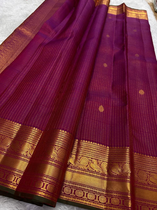 Royal Purple and Antique Gold Handwoven Pure Silk Kanjeevaram Saree with Zari Kattam and Mayil Chakram Border