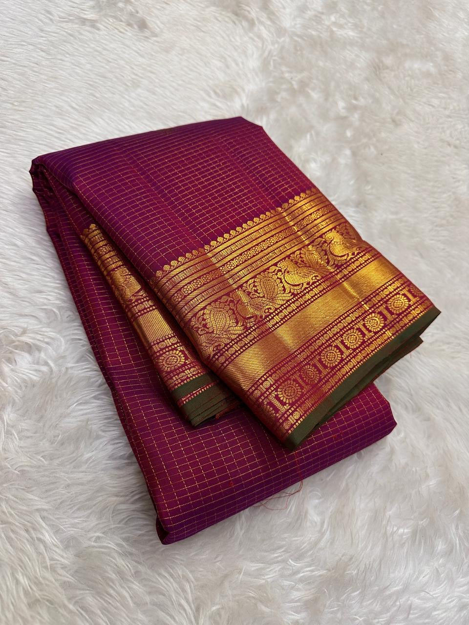 Royal Purple and Antique Gold Handwoven Pure Silk Kanjeevaram Saree with Zari Kattam and Mayil Chakram Border