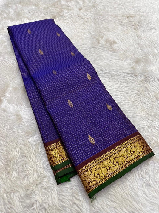 Royal Violet Pure Silk Kanchipuram Zari Kattam saree with Yaanai gold zari border