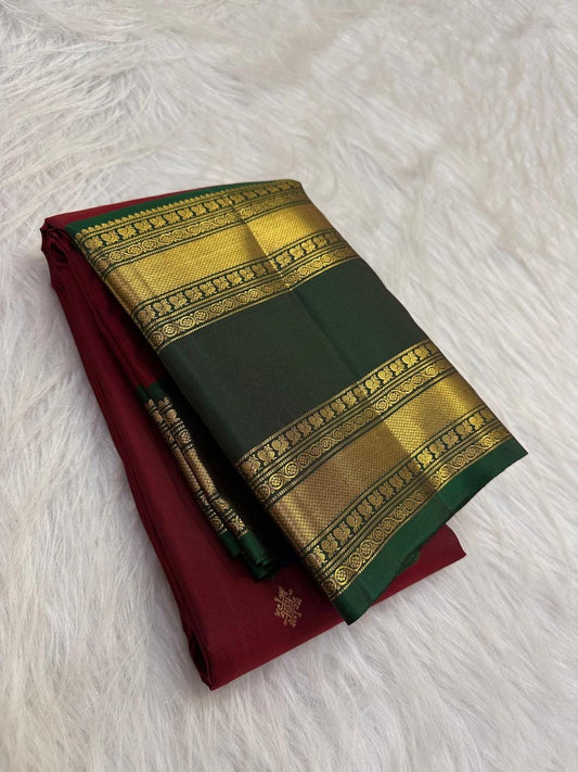 Forest green Rettapet border with mango motifs, Kanjivaram saree