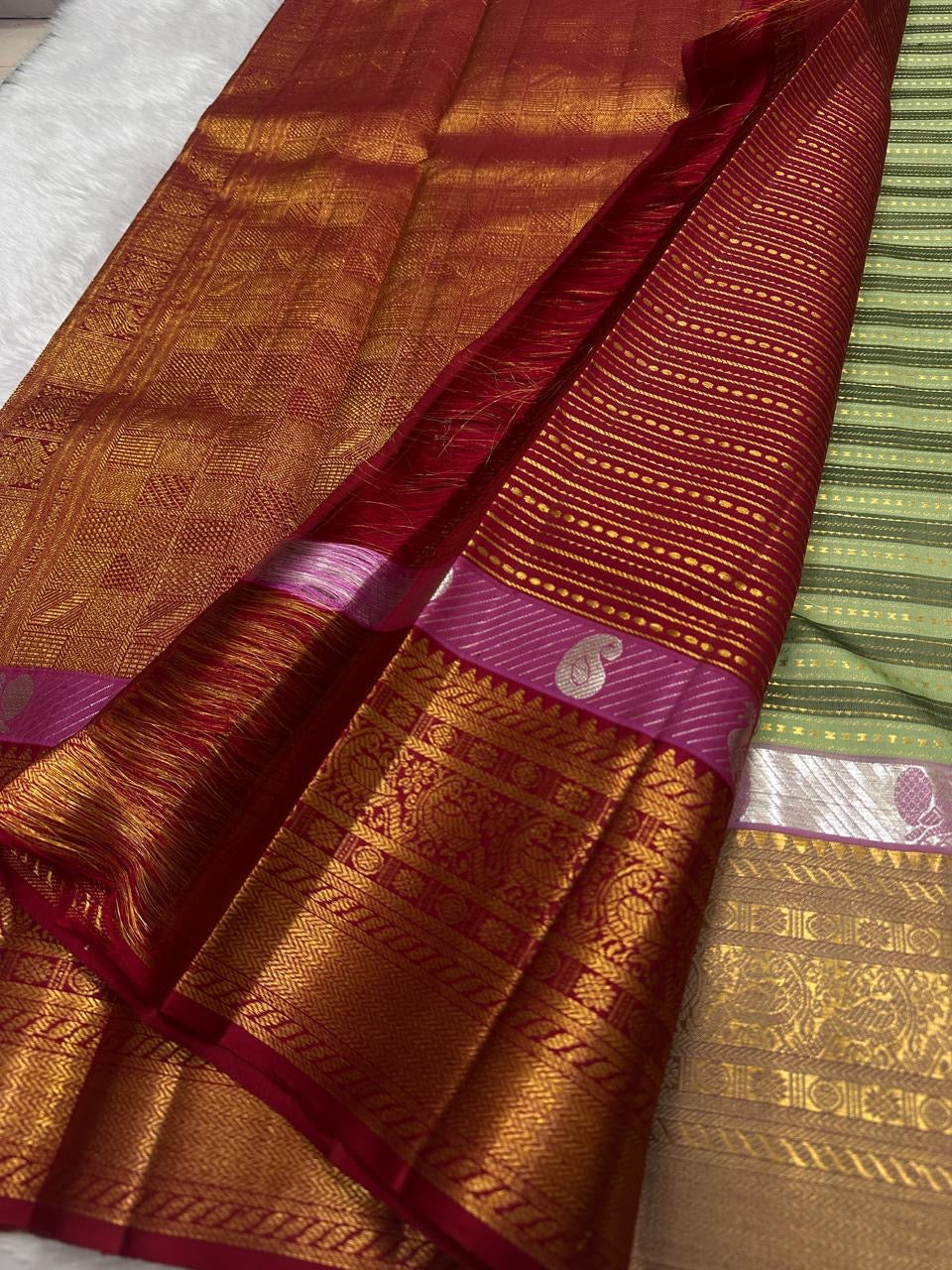 Sage green Kanchi Pattu silk saree striped weave body close-up