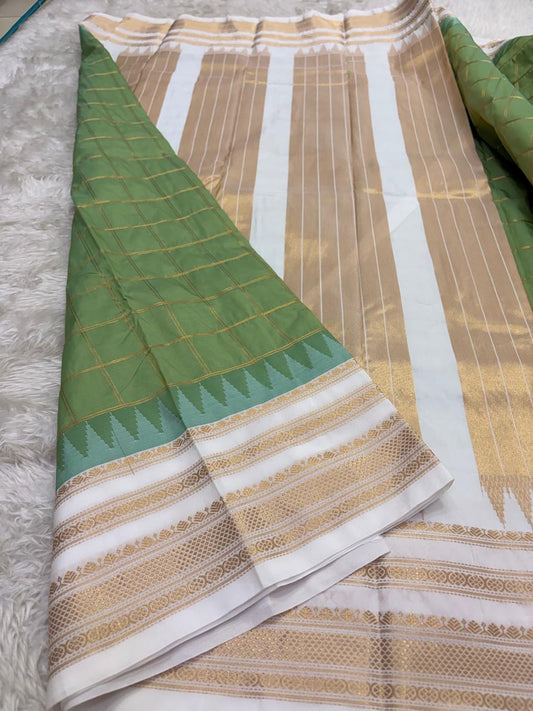 Sage Green Lightweight Pure Silk Kanchipuram Silk Thread Kattam Saree with Ivory Gold Border