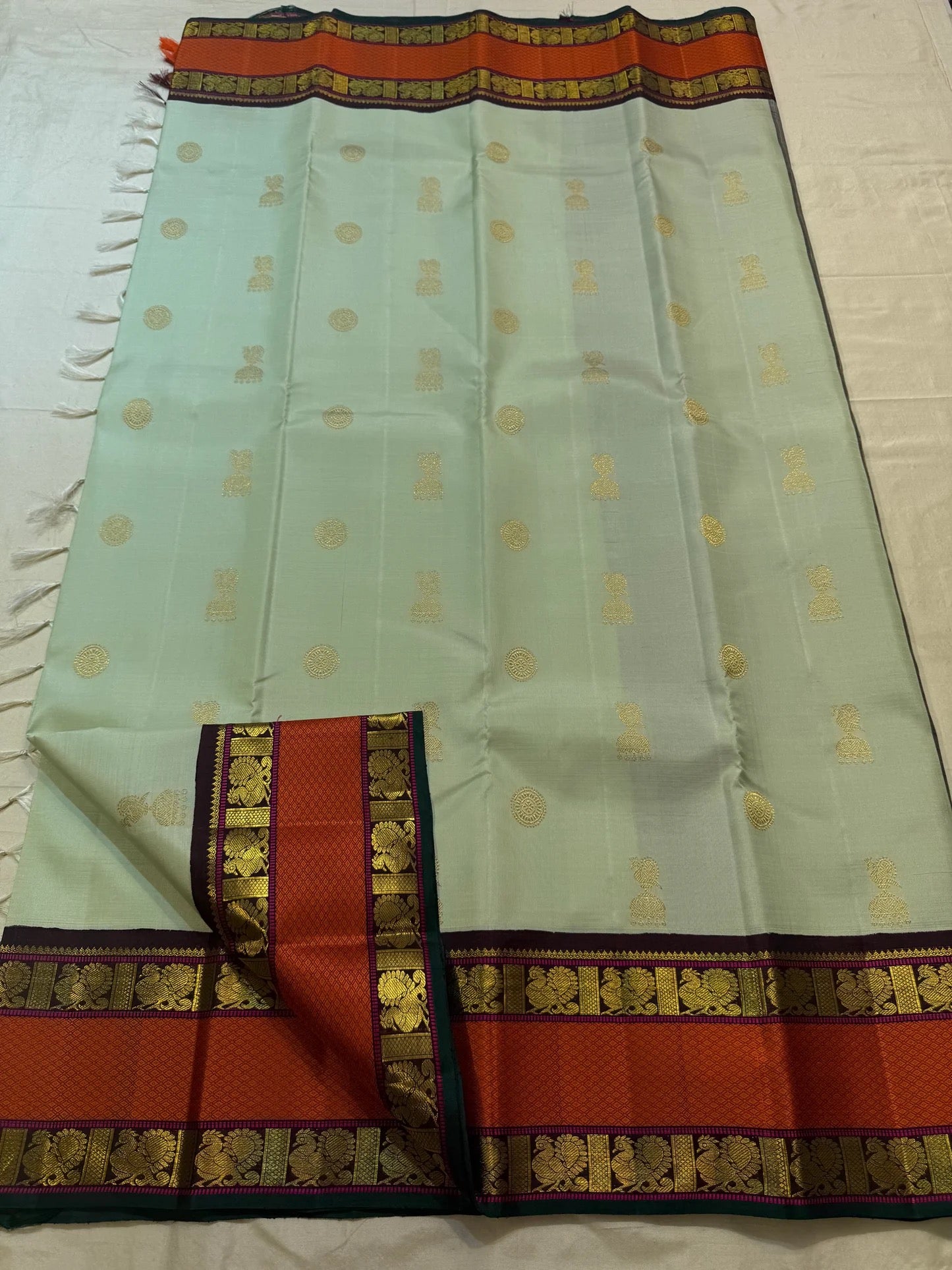 Sage Green Handwoven Pure Silk Kanchipuram Saree with Orange Rettapet Border