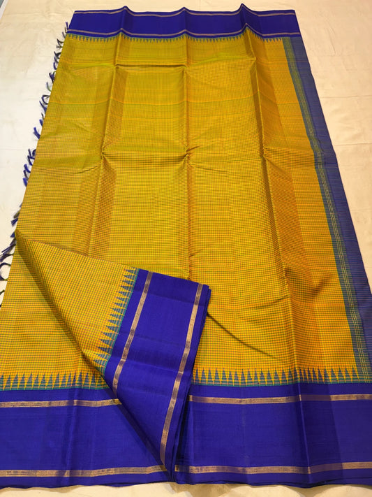 Sampanga Gold Pure Silk Kanchipuram Kanchi Kattam Saree - royal blue border detail