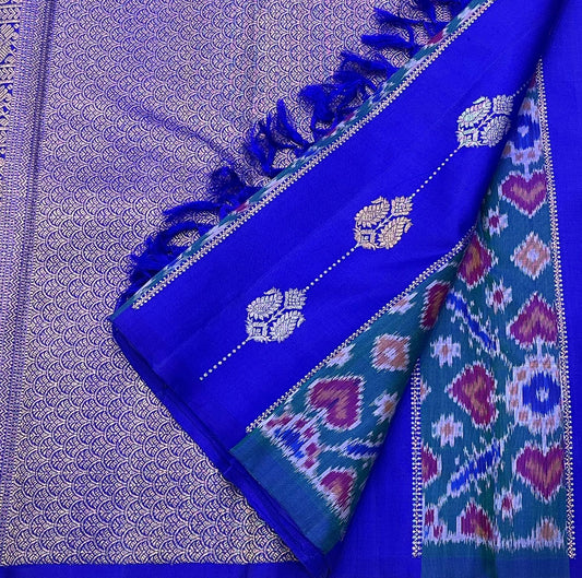 Sapphire Blue Handwoven Pure Silk KanchiPattu Saree with Pochampally Butta and Ikat Border