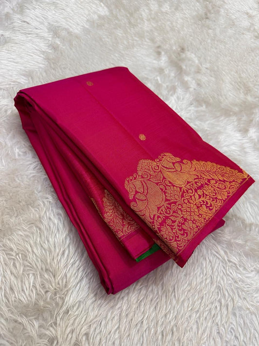 Raspberry pink Pure Silk Kanchi Pattu saree with self-toned Butta border