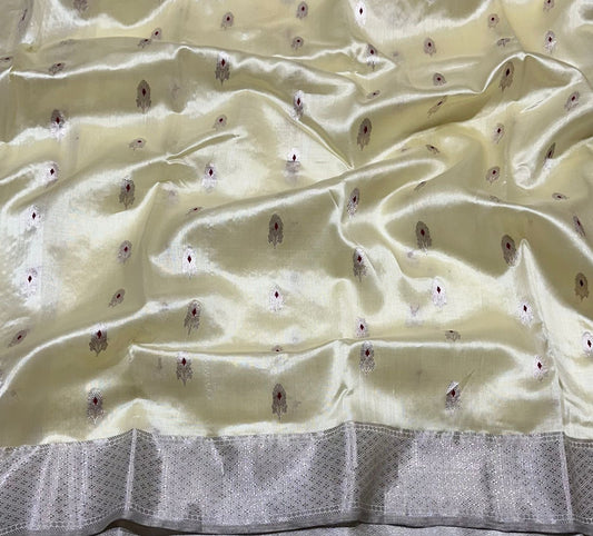 Butter Silk Pure Silk Chanderi Saree draped view with Antique Silver Border