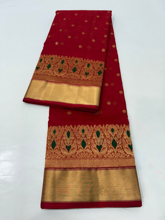 Sindoor Silk Pure Silk Chanderi Saree drape showcasing Antique Gold Border
