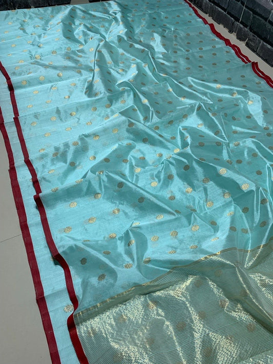 Sky blue Pattu Silk Chanderi saree with gold-silver disc motifs and diamond pallu — Idam Living
