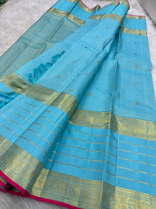 Sky Blue pure mulberry silk Varisaipet saree with gold zari lines and Rani Pink selvedge.