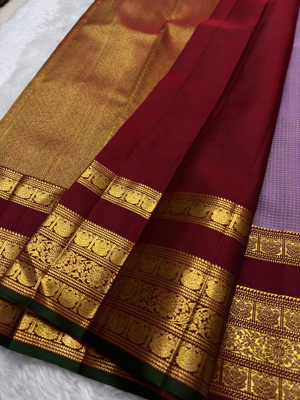 Kanchipattu silk saree in smoky lavender with deep maroon border Varisaipet Korvai weave traditional zari detail