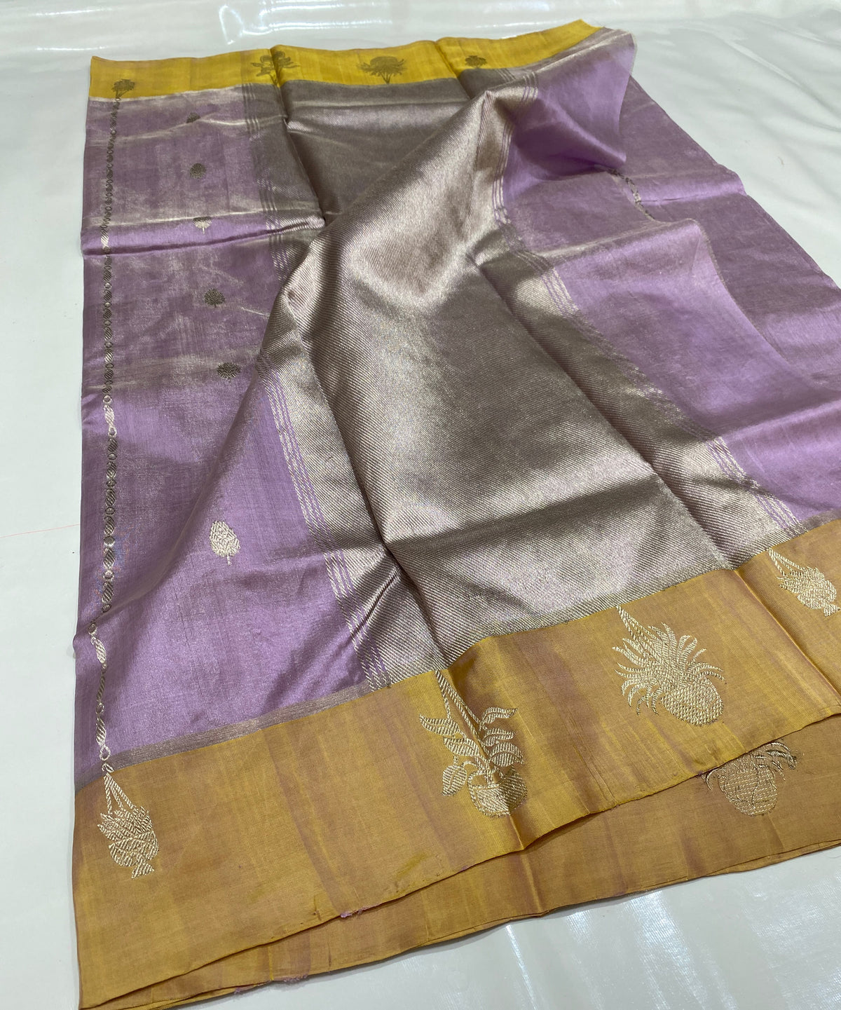 Soft lavender handloom Tissue Chanderi saree with delicate gold buttas