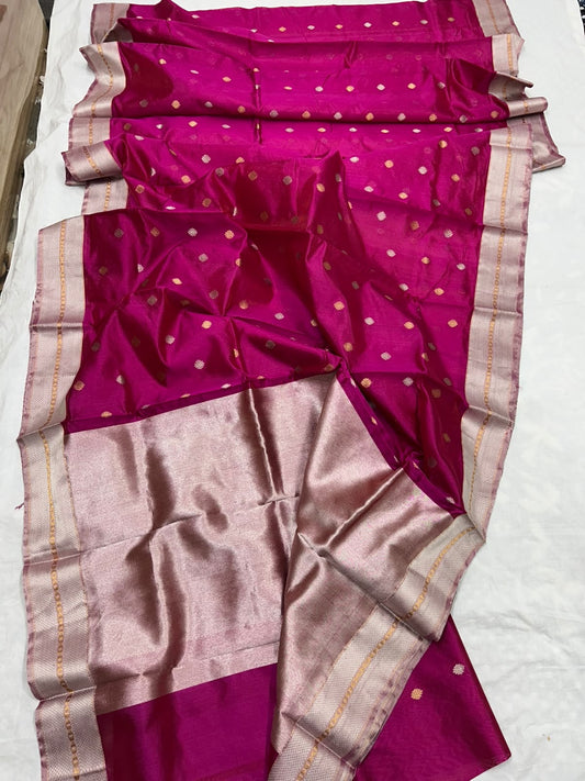 Rani-pink Chanderi saree with gold-and-silver-toned buttas