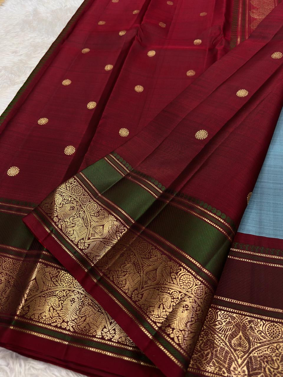 Steel Blue and Deep Green Handwoven Pure Silk Kanjipuram Saree with Mayil Butta and Peacock Silk Thread Zari Border