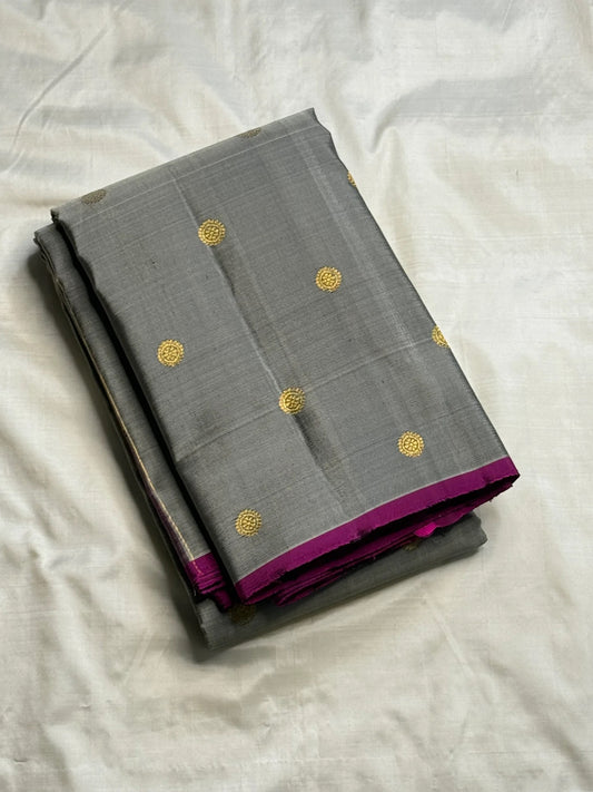 Magenta selvedge edge on steel grey Kanjipuram pure silk Kanchipuram saree — Idam Living