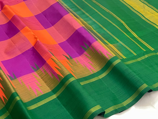 Sunset orange and violet handwoven pure silk Kanjivaram saree with Maragatham green pallu, full view