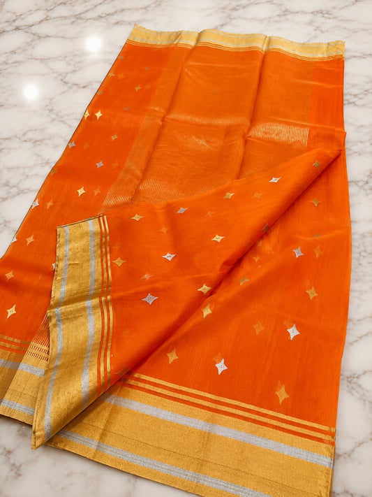 Luminous orange Chanderi silk saree with elegant gold zari detailing