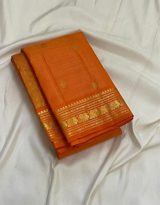 Tangerine Handwoven Pure Silk Kanjipuram Saree with Vairaoosi Zari Body and Kamalam Butta Border