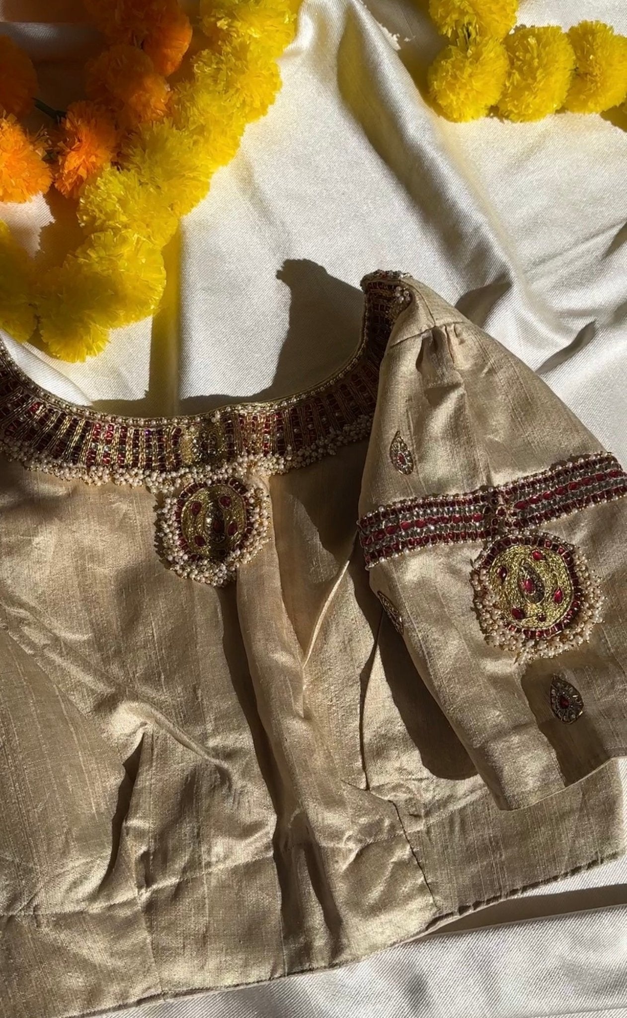 Tanjore Treasure – Gold Silk Hand-Embroidered Made-to-Measure Designer Blouse