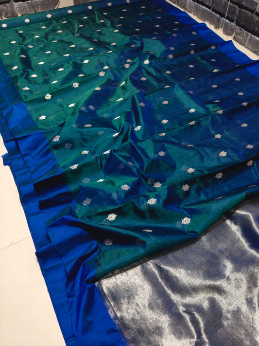 Pure Silk Chanderi Saree Blue Green with Peacock Teal Sheen and Silver Zari Buttas