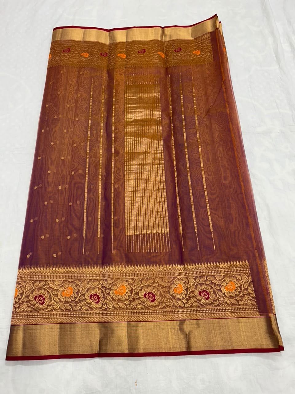 Copper Brown Floral Zari Katan Silk Chanderi Saree, folded view showing body, border and pallu